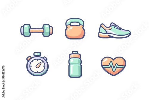 Fitness and workout equipment icons including dumbbell kettlebell running shoe stopwatch water bottle and heart pulse