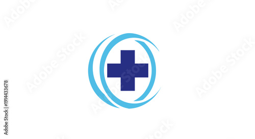 Blue medical cross in swirling circles healthcare and pharmacy logo on an isolated white background.