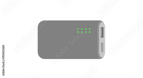 Grey portable power bank charger with battery indicator lights on an isolated white background.