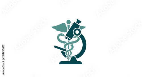 Medical caduceus staff with microscope for healthcare and science research logo on an isolated white background.
