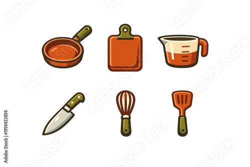Set of kitchen utensils including frying pan cutting board measuring cup knife whisk and spatula icons on white background