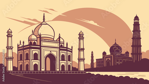 Mumbai skyline showcases iconic indian architectural wonders  taj mahal and qutub minar, perfect for travel brochures or cultural websites.