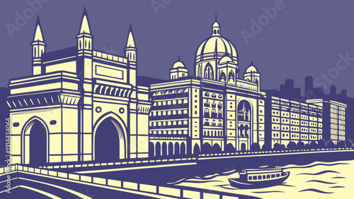 Mumbai skyline with gateway of india and taj mahal palace iconic landmarks. Suitable for travel, tourism, architecture, and indiathemed designs.
