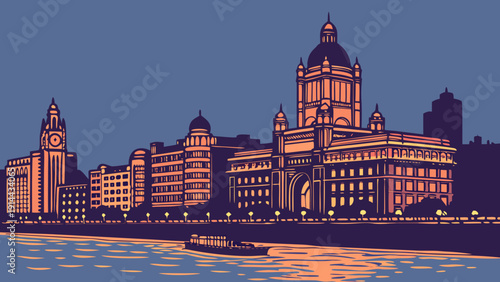 Mumbai skyline shows waterfront buildings near mumbai, india at dusk. Ideal for travel websites, city showcases, and editorial content.