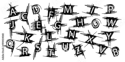 English alphabet outlined with handwritten scribbles and squiggles. Black on white. Vector set