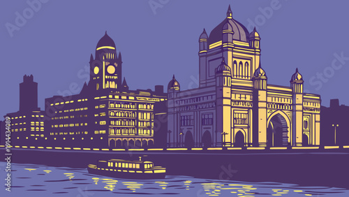 Mumbai skyline with the gateway of india and towering buildings, creating a majestic nightscape. Suitable for travel blogs and websites.