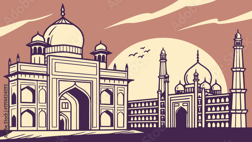 Mumbai skyline with mughal building in traditional indian style against cityscape. Suitable for travel, architecture, culture, and indiathemed designs.