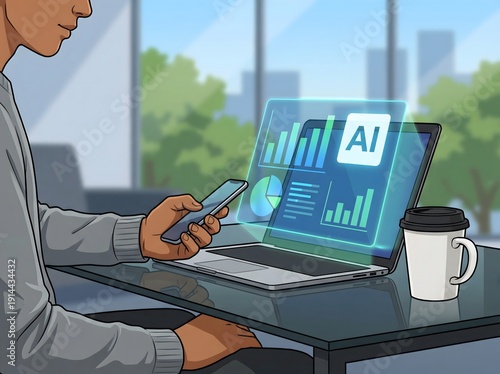 Artificial Intelligence Data Analysis on Laptop Screen with Business Dashboard and Professional Working in Modern Office