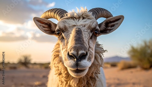Close-up portrait of a majestic ram with curved horns in desert landscape.