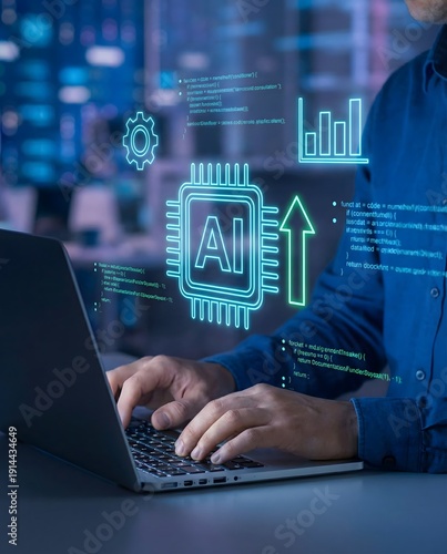 Artificial Intelligence Technology Concept with AI Interface, Data Analytics Dashboard and Business Growth Arrow