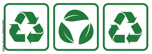 Recycling icons, vector collection featuring recycle symbols for plastic, paper, and other materials, perfect for eco-friendly design, sustainability projects