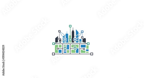 Colorful City Skyline Made of Small Icons.