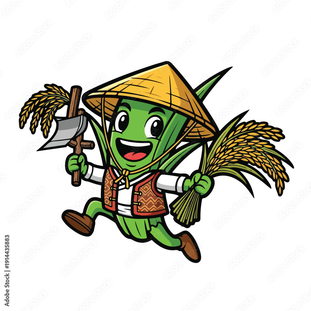 Fototapeta premium Happy Rice Farmer Character Carrying Sheaves and Axe