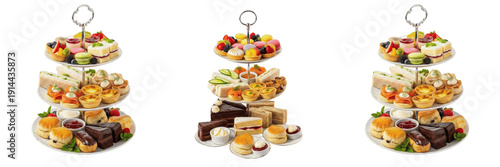 Set of luxury three-tier afternoon tea stands with assorted finger sandwiches, scones, and gourmet pastries, isolated on white background for catering and cafe menus.