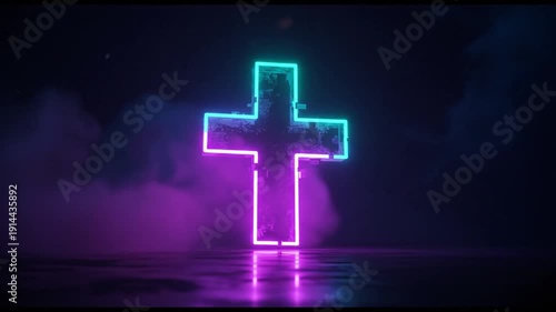 A neon cross with pink and blue lights on a dark background with smoke and reflections