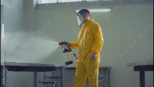 Wallpaper Mural Male worker in yellow protective suit sprays disinfectant on classroom tables, demonstrating thorough cleaning process in an indoor educational environment Torontodigital.ca