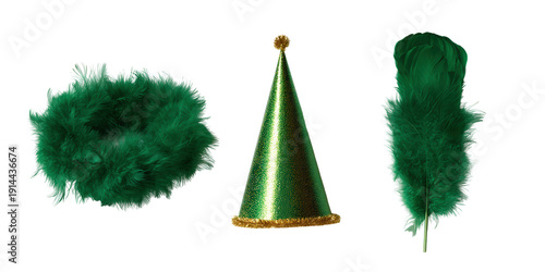 Green Feather Boa, Party Hat and Feather Plume on Transparent Background. Digital Design Asset Cutout Element Isolated Clipart
