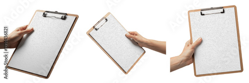 Tableau sur toile Set of hands holding a wooden clipboard with blank white paper, isolated on white background, business document mockup and office stationery concept