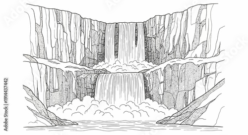 Majestic waterfall cascading down steep cliffs into a serene pool, hand-drawn line art illustration, natural landscape scene.