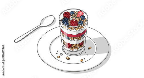 Healthy yogurt parfait with granola and berry on a white plate