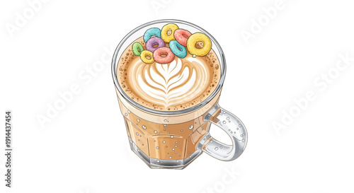 Latte coffee drink with colorful cereal and latte art