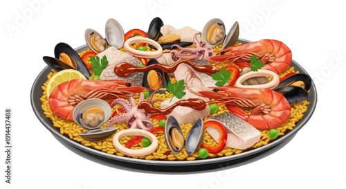 Vibrant spanish seafood paella platter with shrimp  mussels and squid