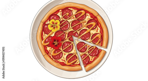Delicious pepperoni pizza with edible flowers and one slice removed