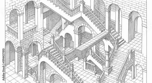 Intricate Impossible Stairs Architecture Drawing. Complex Paradoxical Endless Staircase Optical Illusion Maze Illustration in Black and White.