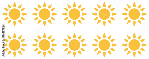 Sun simple icons collection, vector set featuring minimalistic sun symbols in various styles, ideal for weather apps, summer designs, nature