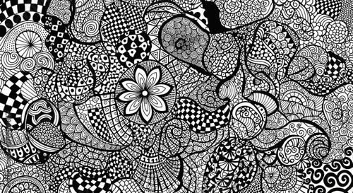 Intricate Abstract Monochrome Pattern Background with Detailed Hand-Drawn Doodle Art Style, Zentangle-Inspired Shapes, and Floral Motifs