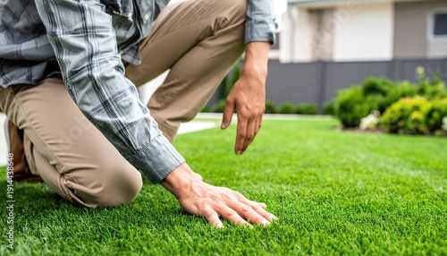 Person Kneeling on Perfectly Manicured Lawn Inspecting Grass