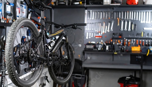 Mountain bike in repair shop.