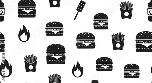 A seamless pattern of black fast food icons including burgers fries flames and a sauce bottle on a white background with a flat design style and a dark monochromatic color scheme.