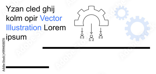 Workflow systems, collaboration, organization, teamwork, process planning, automation. Gear shapes with arrows pointing to human icons. Workflow systems and collaboration concept