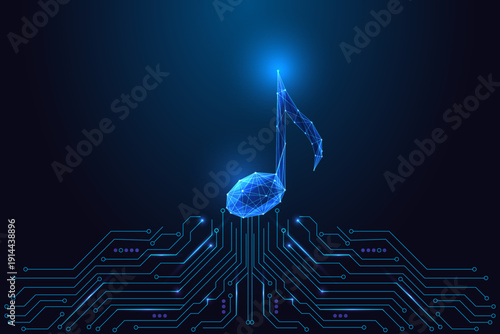 Digital music note above circuit board, AI-generated sound and futuristic audio technology concept