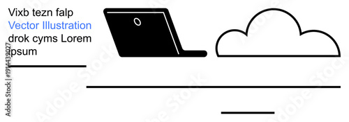 Remote work, cloud computing, technology, data storage, online services, connectivity. Black laptop next to cloud graphic in minimalist style. Remote work and cloud computing concept