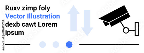 Security camera with upward and downward arrows representing data transfer. Dots and text suggesting analytics flow. Ideal for security, surveillance, technology, networking, privacy, analytics