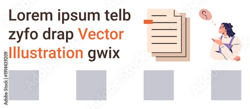 Business strategy, decision-making, documentation, problem-solving, workflow, communication. Stack of documents and thinking individual with a question mark. Business strategy and decision-making