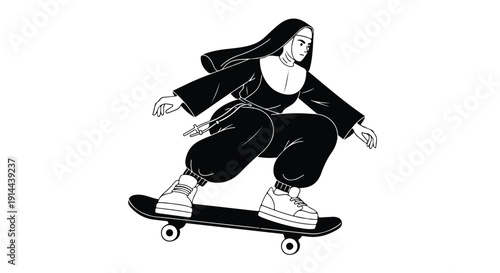 Nun riding a skateboard in a dynamic pose against a clean white background.