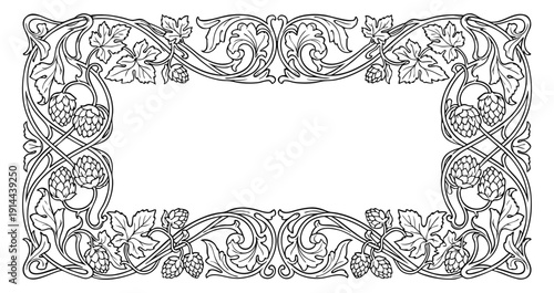 Vintage black and white hop vine frame, detailed ornamental line art illustration.