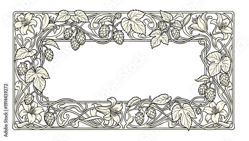Decorative botanical border featuring hop cones and floral elements, retro monochrome engraving illustration.