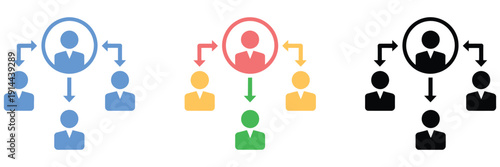 Delegate icon set in multiple styles, including vector illustrations for flat, outline, and glyph designs, perfect for project management, team collaboration, corporate dashboards, and digital 
