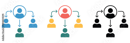 Delegate multiple style icons set design, vector collection featuring flat, outline, glyph, and icons, ideal for business management, team workflow, task assignment