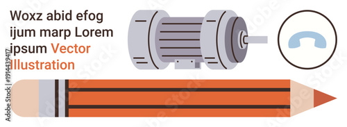 Educational materials, technical training, industrial equipment, creativity, design concepts, innovation. Graphic showing an electric motor, a red pencil and a telephone icon. Educational materials