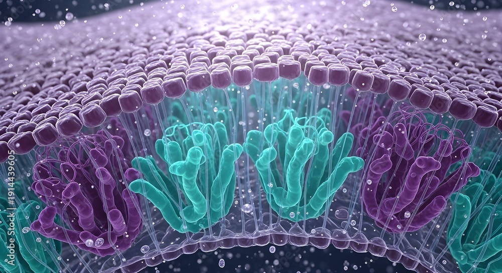 Obraz premium A highly detailed 3D scientific visualization of a cell membrane's lipid bilayer featuring purple phospholipid heads and glowing teal integral proteins in a microscopic fluid environment.