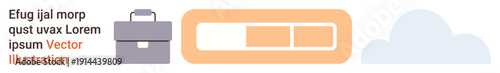 Workflow, productivity, data storage, goal setting, cloud computing, progress tracking. Business briefcase, progress bar and cloud. Workflow and productivity with progress tracking and cloud storage