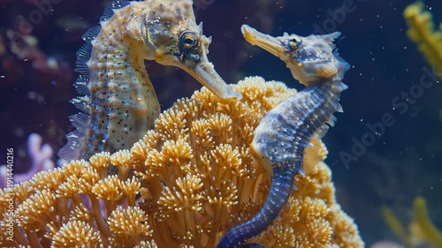 Wallpaper Mural Seahorses interact closely while perched on vibrant coral, showcasing their unique features and behaviors in a colorful underwater environment Torontodigital.ca