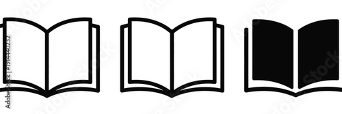 Book icon set, vector illustration featuring simple book symbols in various styles, ideal for education, library, reading, publishing, digital learning, and website or app design