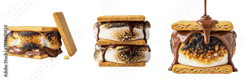 Foto Set of delicious s'mores with toasted marshmallows, melted chocolate, and graham crackers isolated on white background, traditional campfire dessert and sweet snack