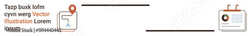 Navigation, scheduling, planning, logistics, organization, maps. A location marker with a route map and a calendar with event details. Navigation and scheduling concept